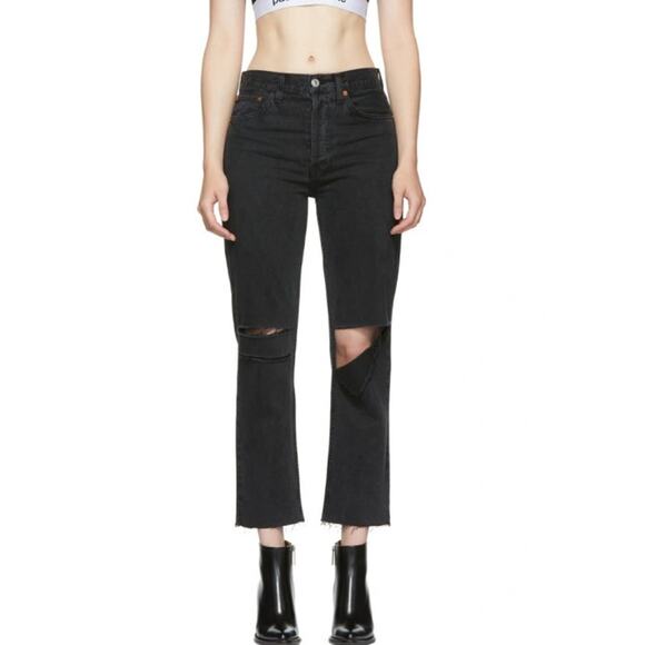 RE/DONE Women's Originals Stove Pipe Jeans 0/25 Washed Black Ripped Knee NWT - Picture 1 of 9